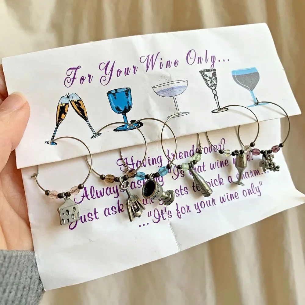 Vintage Pewter Glass Charms Cocktail Wine Set of 6 Holiday Beaded Rings Cute
